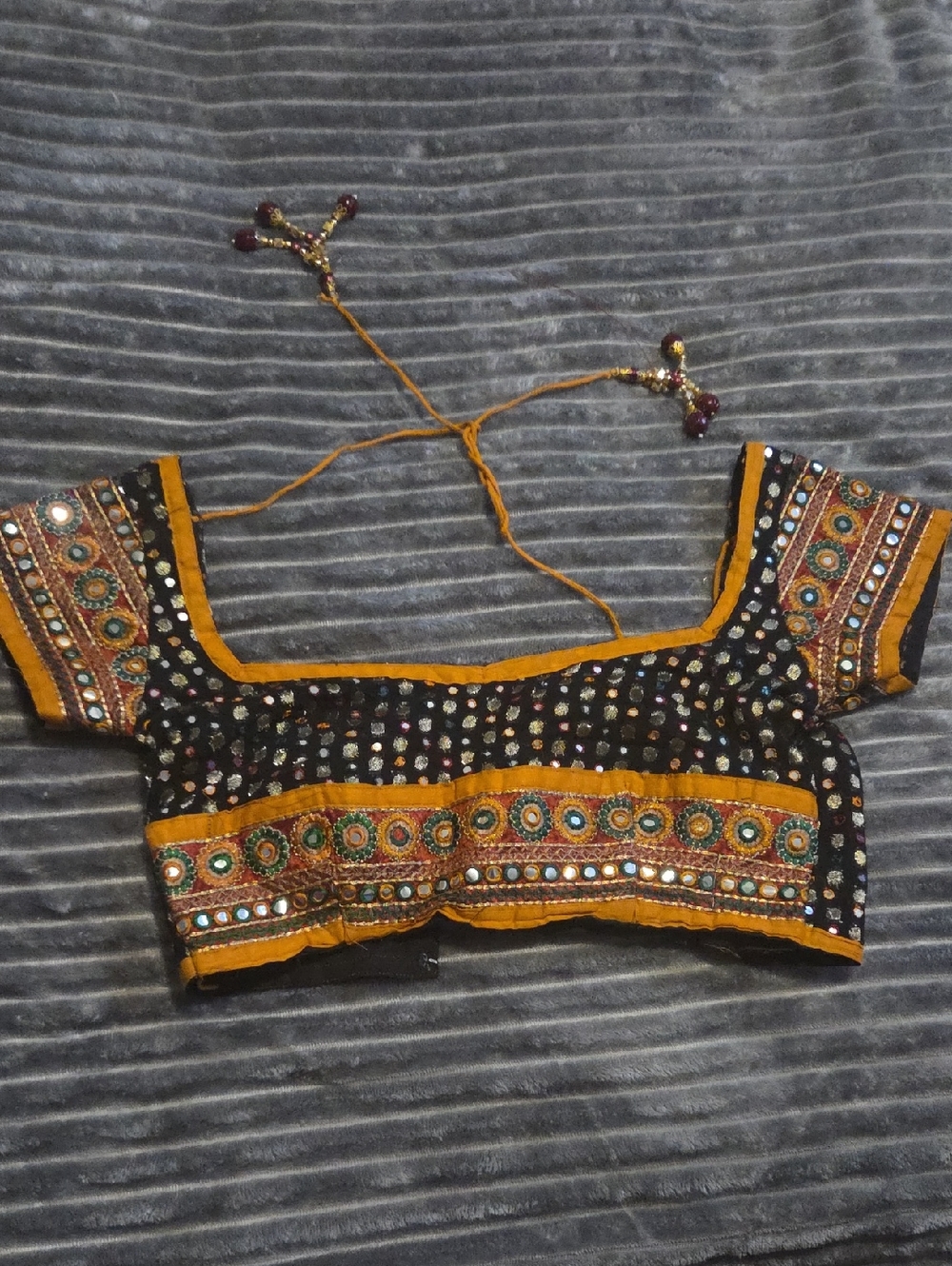Black Embellished Mirrorwork Blouse with Mustard Trim